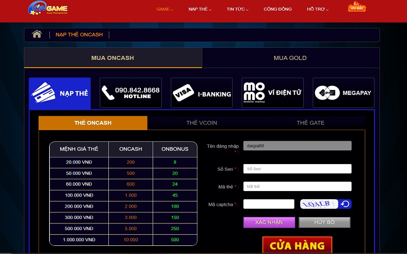 Cách nạp tiền Ongame