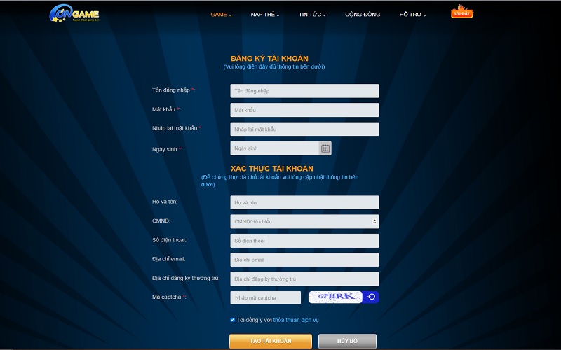 Đăng ký tài khoản Ongame